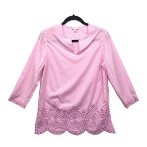 Talbots Women's Mini Striped Embroidered Top‎ Pink White V-Neck Size Small.